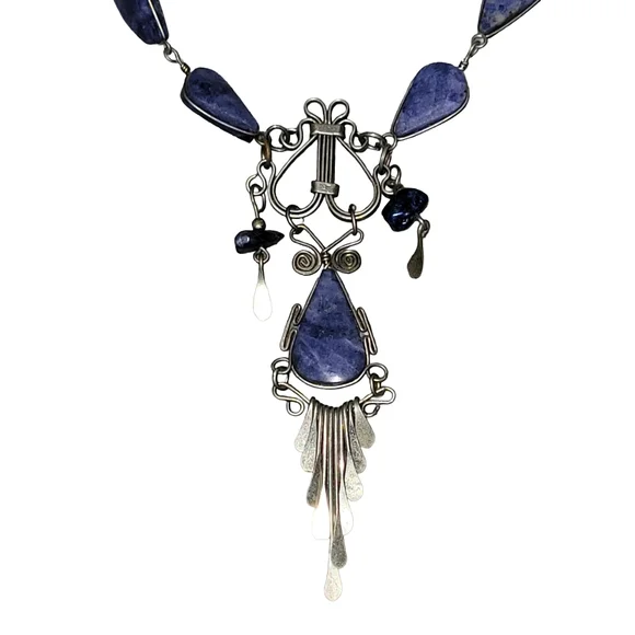 Vintage Artisan Blue Sodalite Teardrop Silvertone Dangle Statement Necklace
